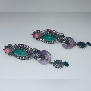 Vintage Sorrelli earrings set in antique silver, clip earrings. 2 1/2" drop.